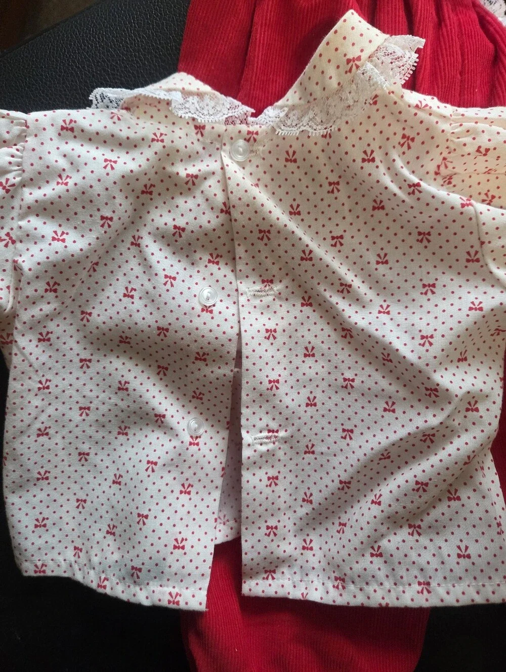 Vtg 3-6 mo Christmas Holiday Outfit Red Corduroy Bibs Embroidered Bows Lace Trim